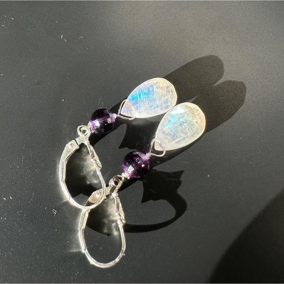 Moonstone and Amethyst Earrings Sterling Silver Lever Back Dangle - Picture 7 of 10